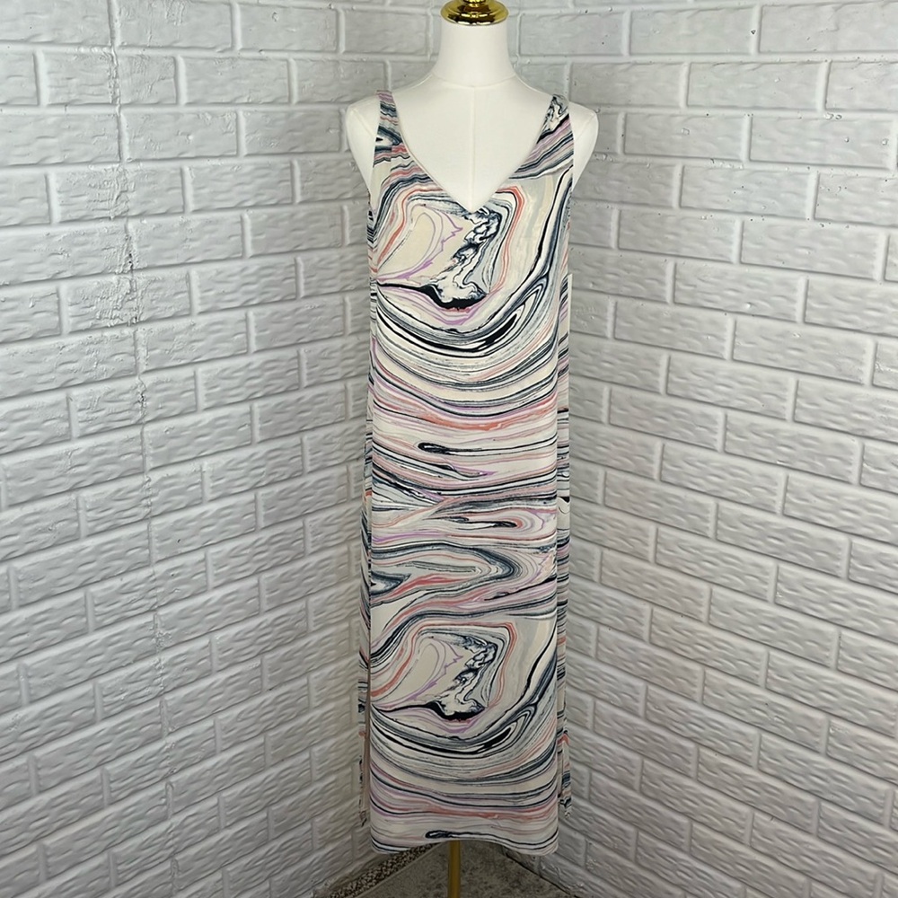 H By Halston Marble Swirl Artist Print V-neck Midi Slip Dress Sz XS NWT